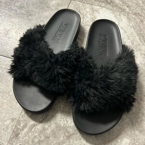 Victoria's Secret Pink Faux Fur Criss Cross Black Slides Side 7.5